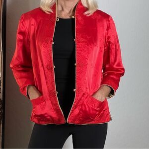 Silk Jacket Quilted Red Gold Boxy Split Hem 3/4 Sleeve Reversible Floral M